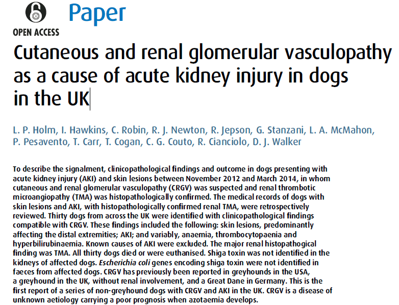 Cutaneous and renal glomerular vasculopathy as a cause of acute kidney injury in dogs in the UK