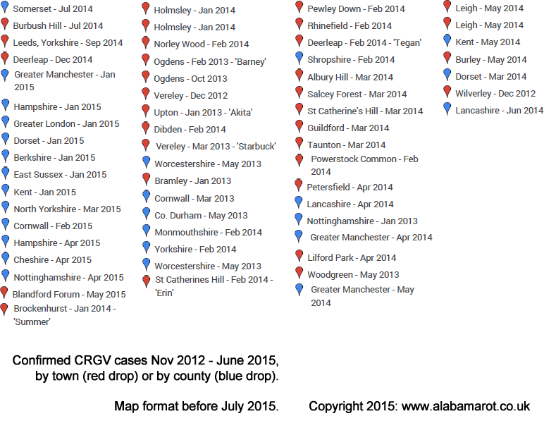 Confirmed CRGV data compiled before July 2015 by Chris Street of alabamarot.co.uk